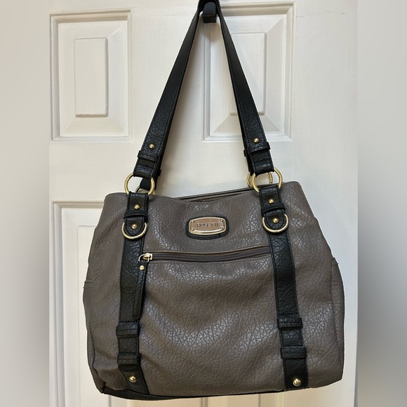 Rossetti -gray w black trim shoulder bag, roomy, lots of compartments. Gold trim - Picture 3 of 8